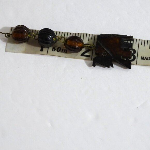 Wooden Elephant Dangle Hanging Earrings Brown Beads Gold Tone 3.5 inch - Picture 4 of 5